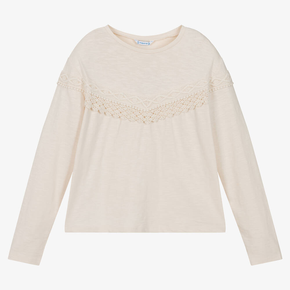 Mayoral - Girls Ivory Cotton & Lace Top | Childrensalon