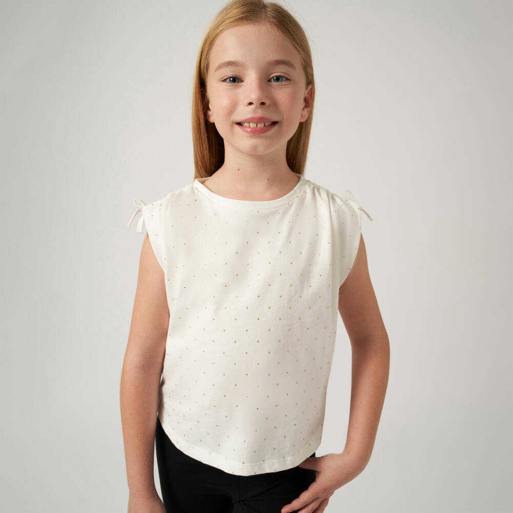 Mayoral-Girls Ivory Cotton Studded T-Shirt | Childrensalon Outlet