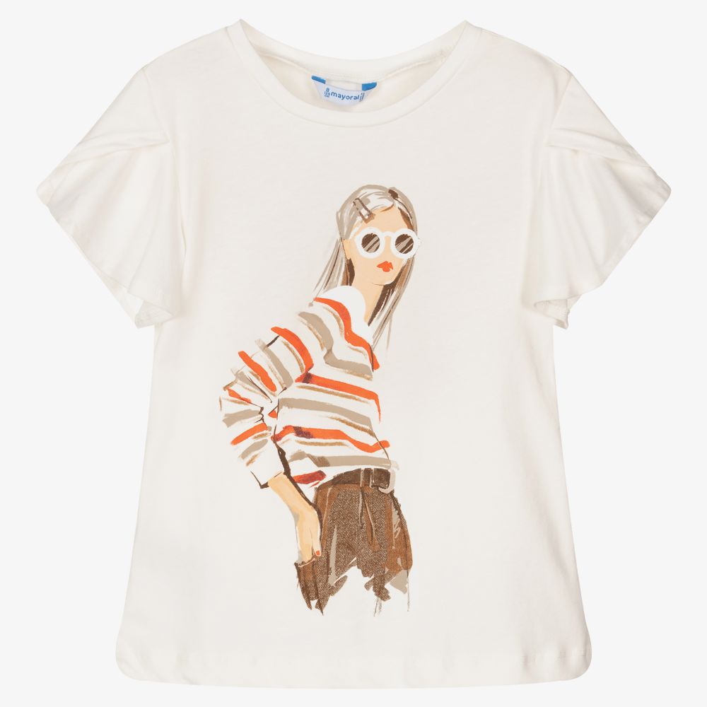 Mayoral - T-shirt ivoire en coton Fille | Childrensalon