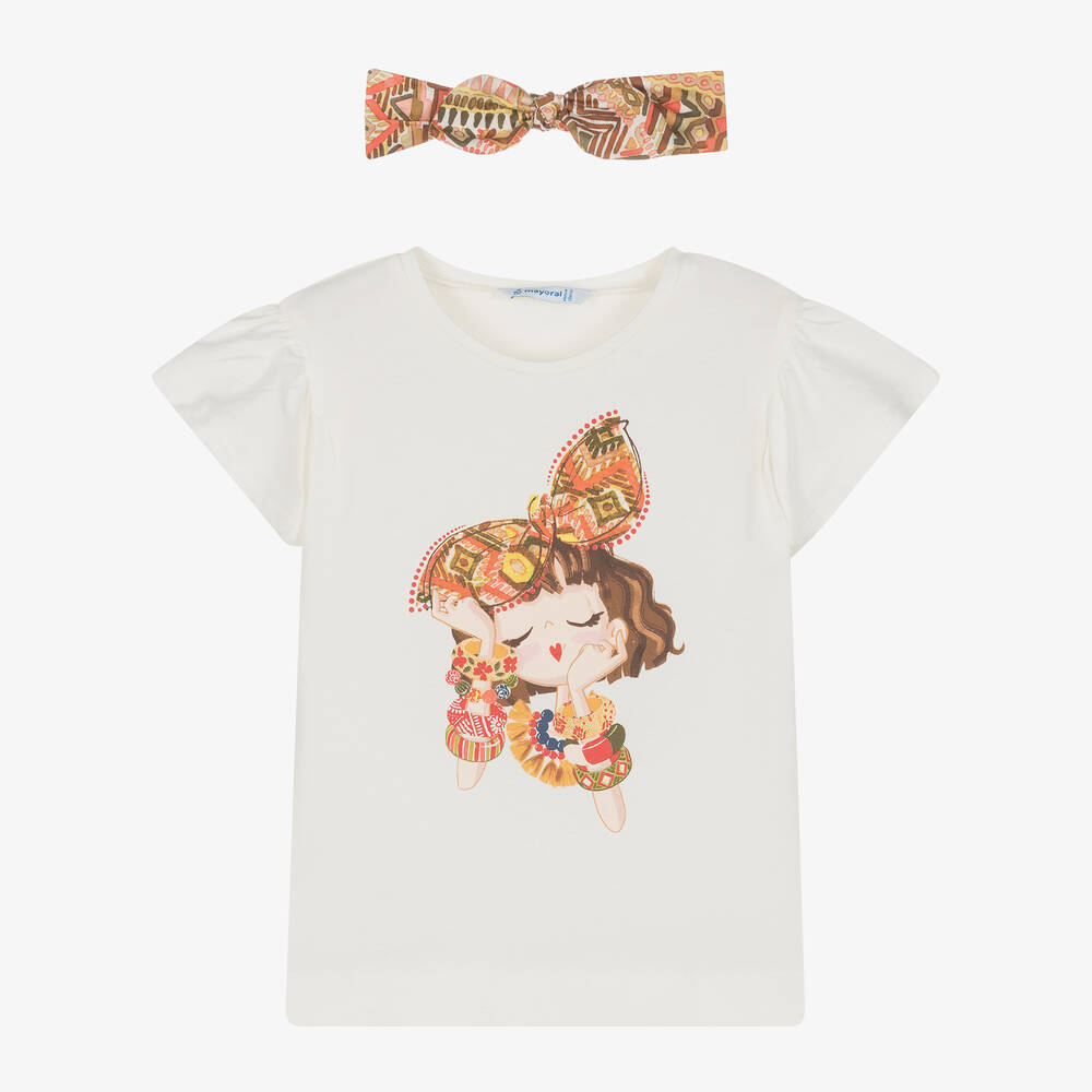 Mayoral-Girls Ivory Cotton T-Shirt & Headband Set | Childrensalon Outlet
