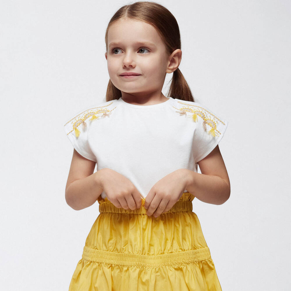 Mayoral-Girls Ivory Cotton Tassel T-Shirt | Childrensalon Outlet