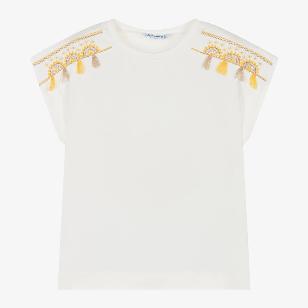 Mayoral-Girls Ivory Cotton Tassel T-Shirt | Childrensalon Outlet