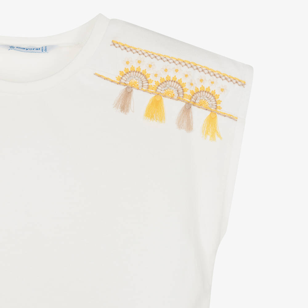 Mayoral-Girls Ivory Cotton Tassel T-Shirt | Childrensalon Outlet