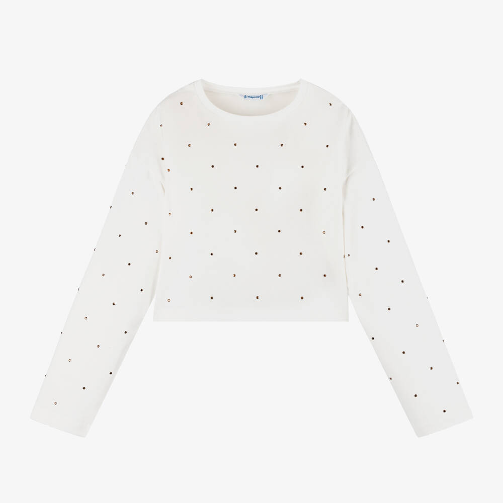 Mayoral-Girls Ivory Diamanté Jersey Top | Childrensalon Outlet