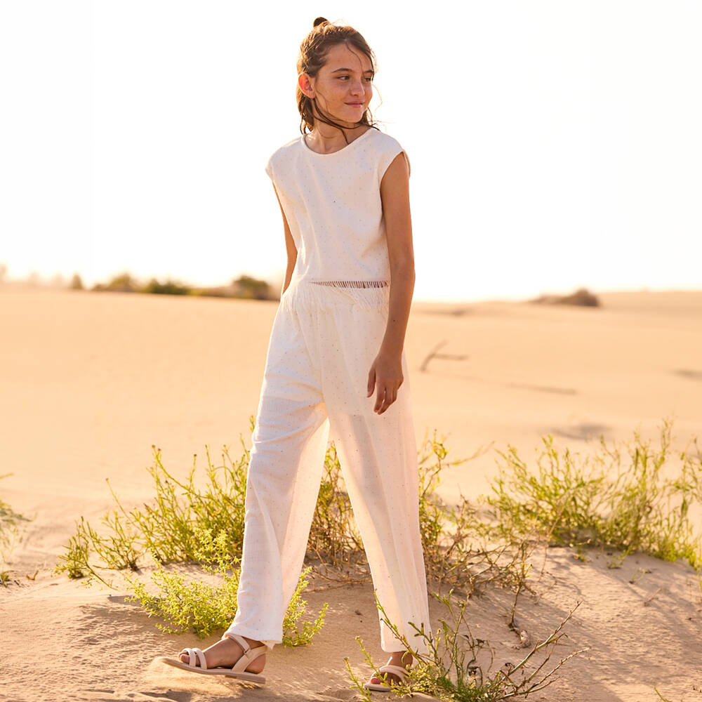 Mayoral-Girls Ivory Diamante Trim Trousers | Childrensalon Outlet
