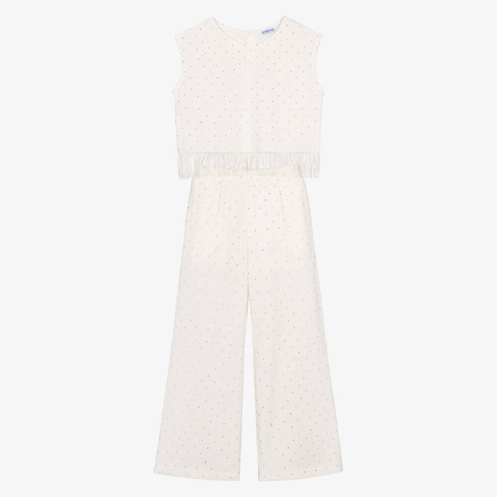 Mayoral-Girls Ivory Diamante Trim Trousers | Childrensalon Outlet