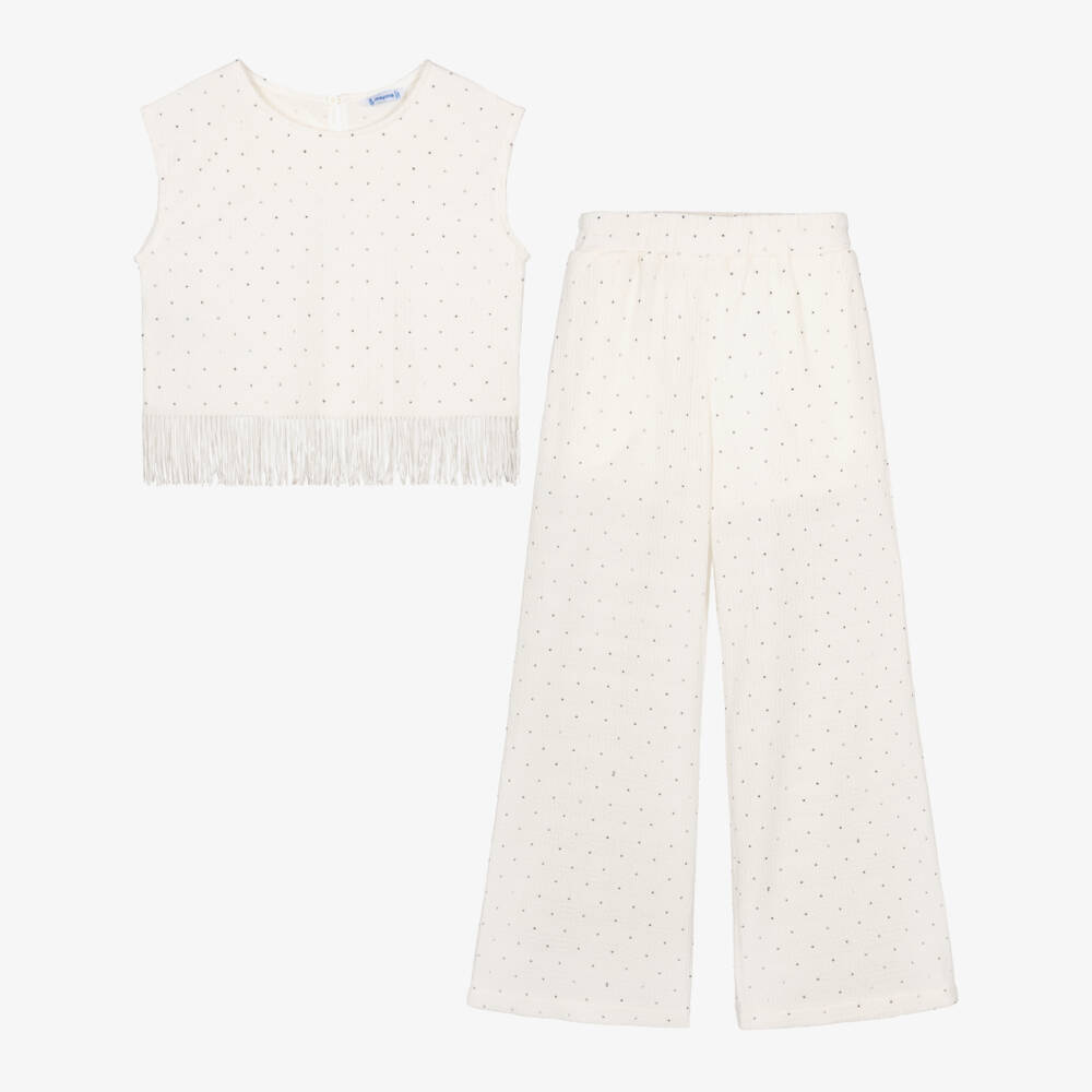 Mayoral-Girls Ivory Diamante Trim Trousers | Childrensalon Outlet