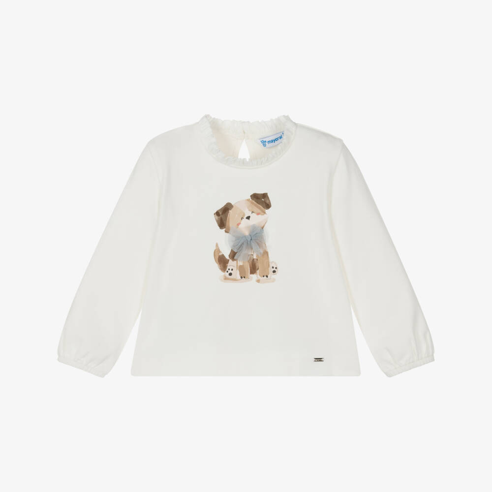 Mayoral-Girls Ivory Dog Motif Cotton Tee | Childrensalon Outlet