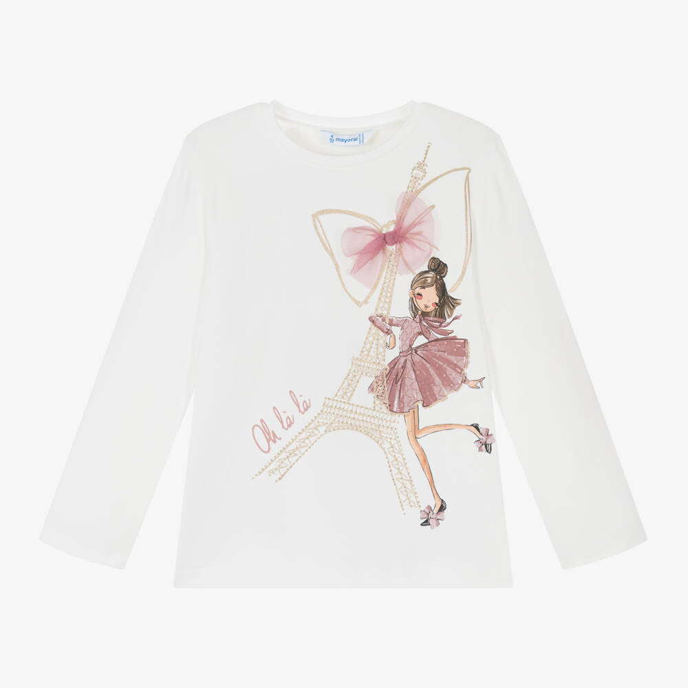 Mayoral-Girls Ivory Eiffel Tower Tee | Childrensalon Outlet