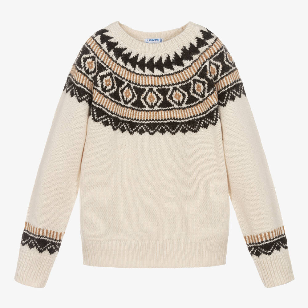 Mayoral - Girls Ivory Fair Isle Knit Sweater | Childrensalon