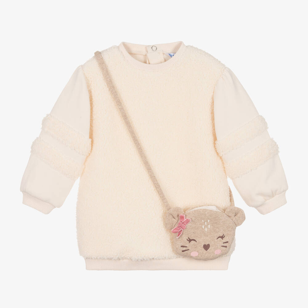 Girls Ivory Fleece Dress Cat Bag Set