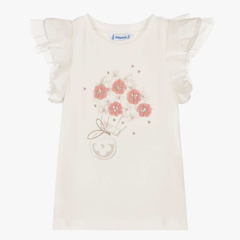 Mayoral - Girls Ivory Floral Cotton T-Shirt | Childrensalon