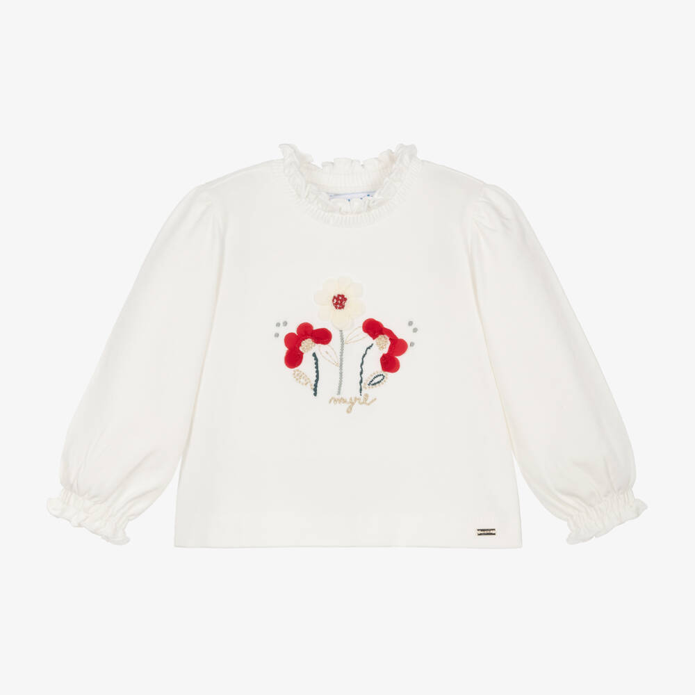 Mayoral-Girls Ivory Floral Cotton Top | Childrensalon Outlet