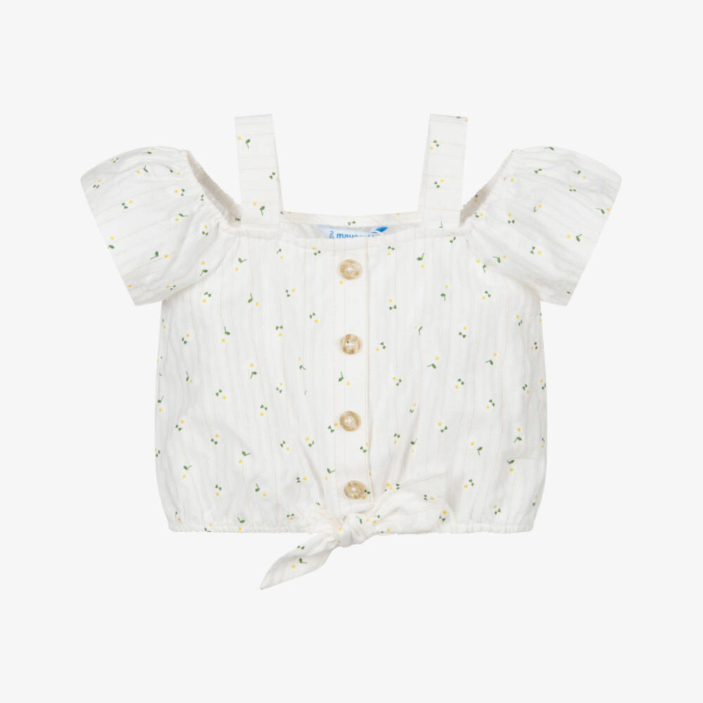 Mayoral-بلوز قطن لون عاجي بطبعة ورود | Childrensalon Outlet