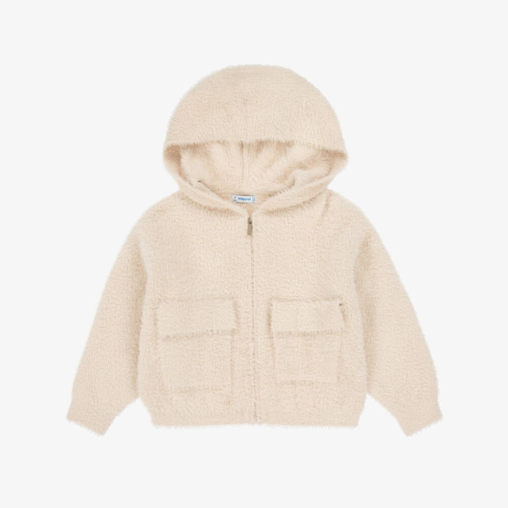 Mayoral-Girls Ivory Fluffy Knit Hooded Zip-Up Top | Childrensalon Outlet