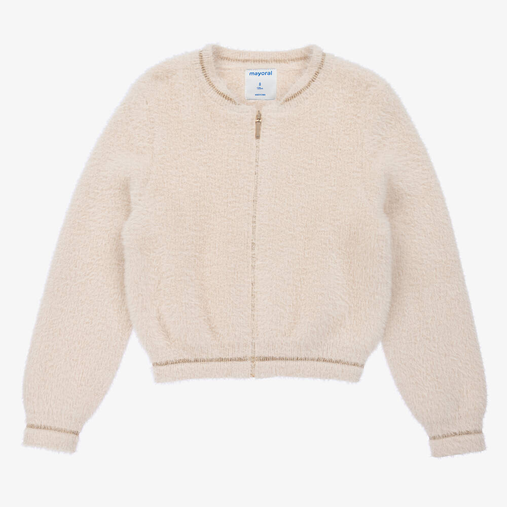 Mayoral - Girls Ivory Fluffy Knitted Zip-Up Top | Childrensalon