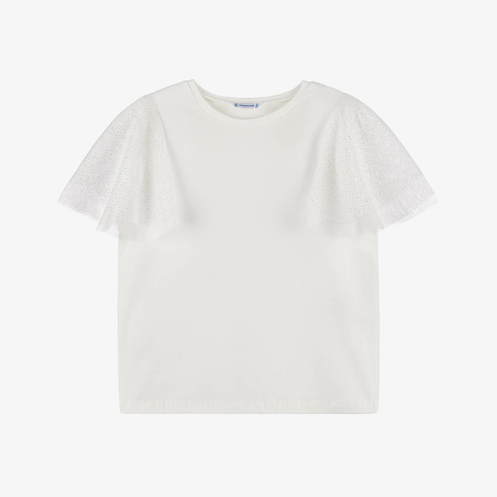 Mayoral-Girls Ivory Glamour Sleeve Tee | Childrensalon Outlet
