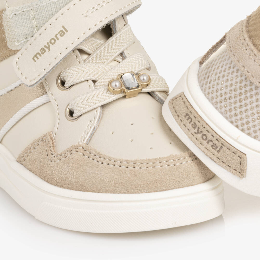 Mayoral-Girls Ivory & Gold Faux Leather Velcro Trainers | Childrensalon Outlet