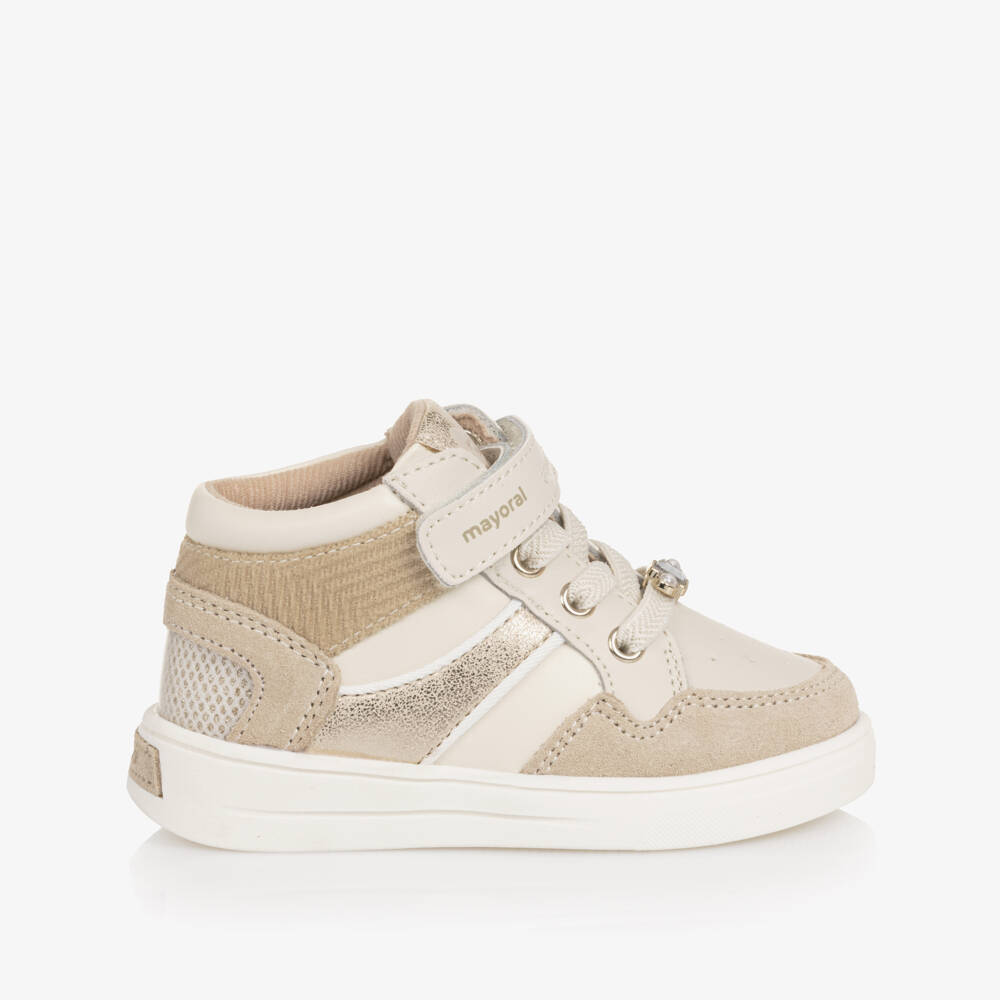 Mayoral-Girls Ivory & Gold Faux Leather Velcro Trainers | Childrensalon Outlet