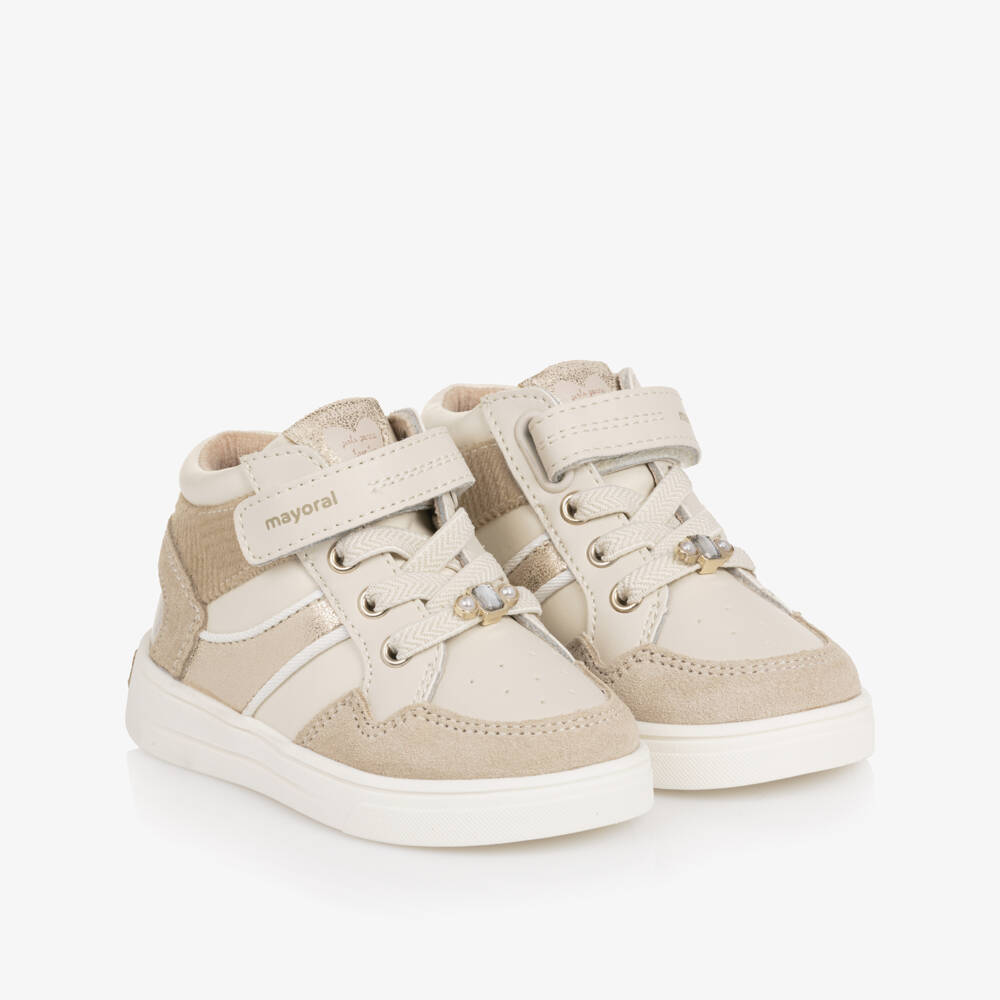 Mayoral-Girls Ivory & Gold Faux Leather Velcro Trainers | Childrensalon Outlet