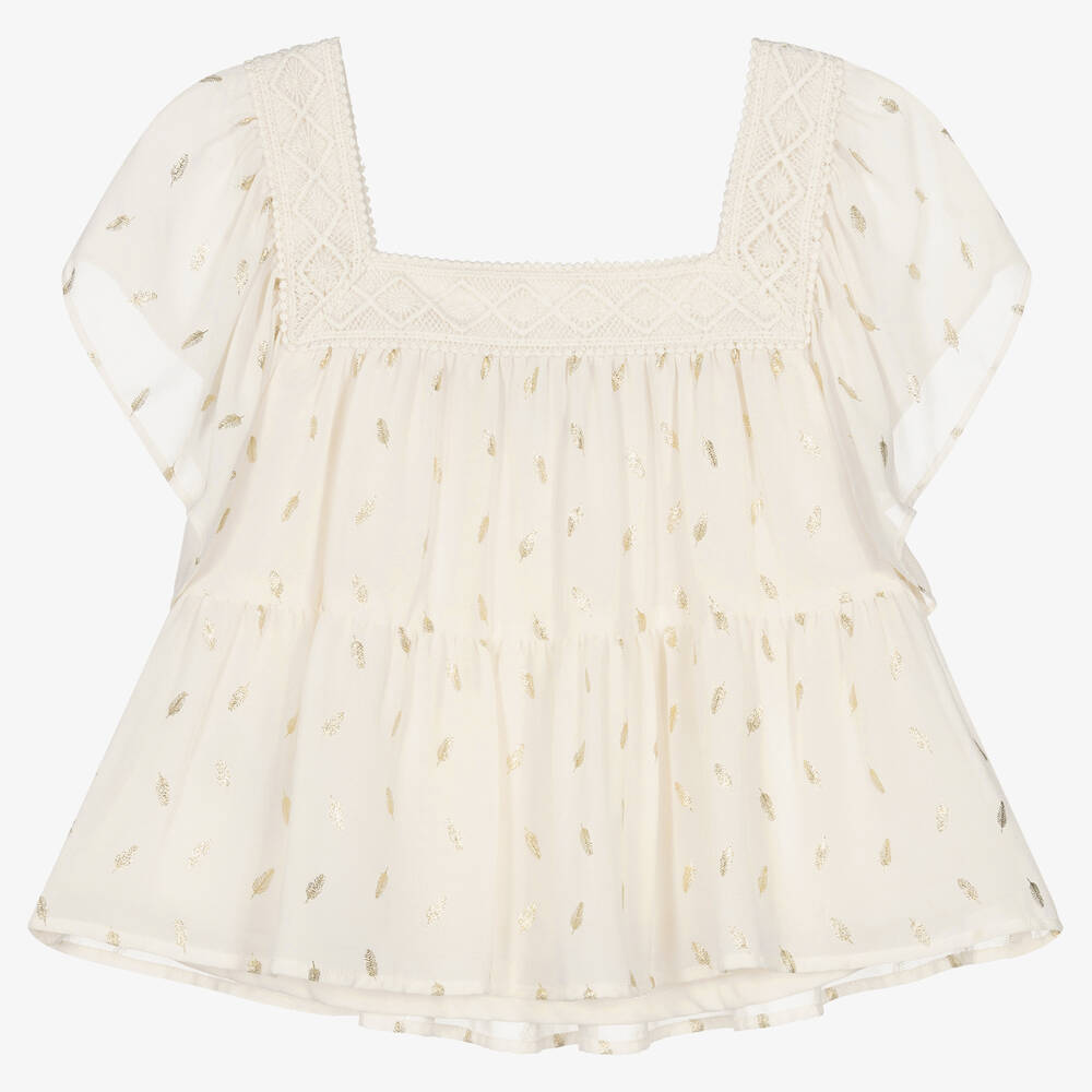 Mayoral - Girls Ivory & Gold Feather Chiffon Blouse | Childrensalon