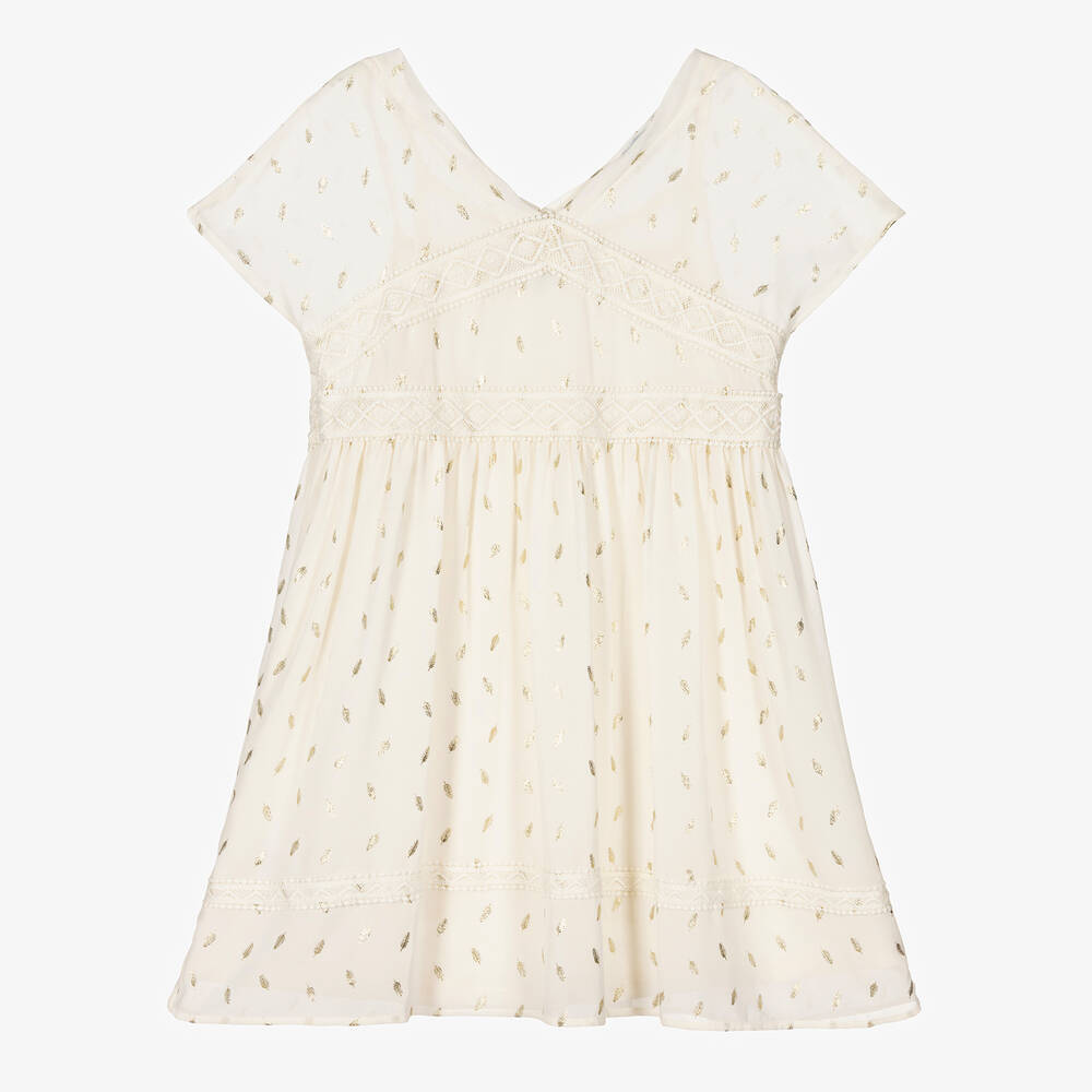 Mayoral - Girls Ivory & Gold Feather Chiffon Dress | Childrensalon