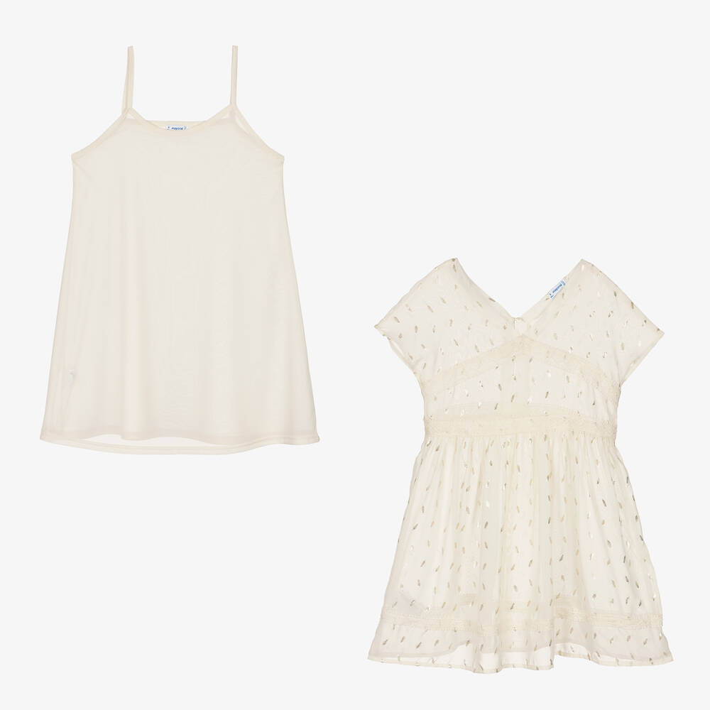 Mayoral-Girls Ivory & Gold Feather Chiffon Dress | Childrensalon Outlet