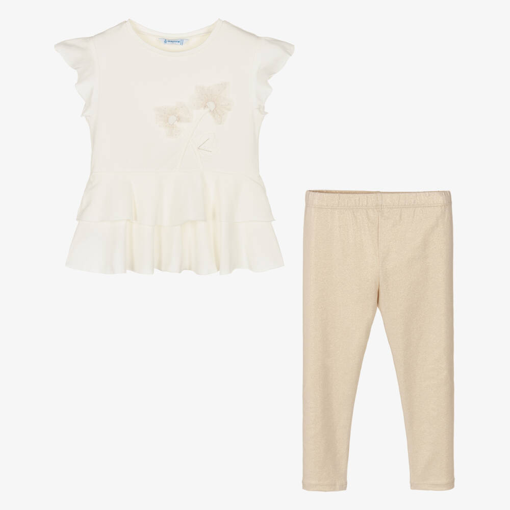 Mayoral-Girls Ivory & Gold Leggings Ensemble | Childrensalon Outlet