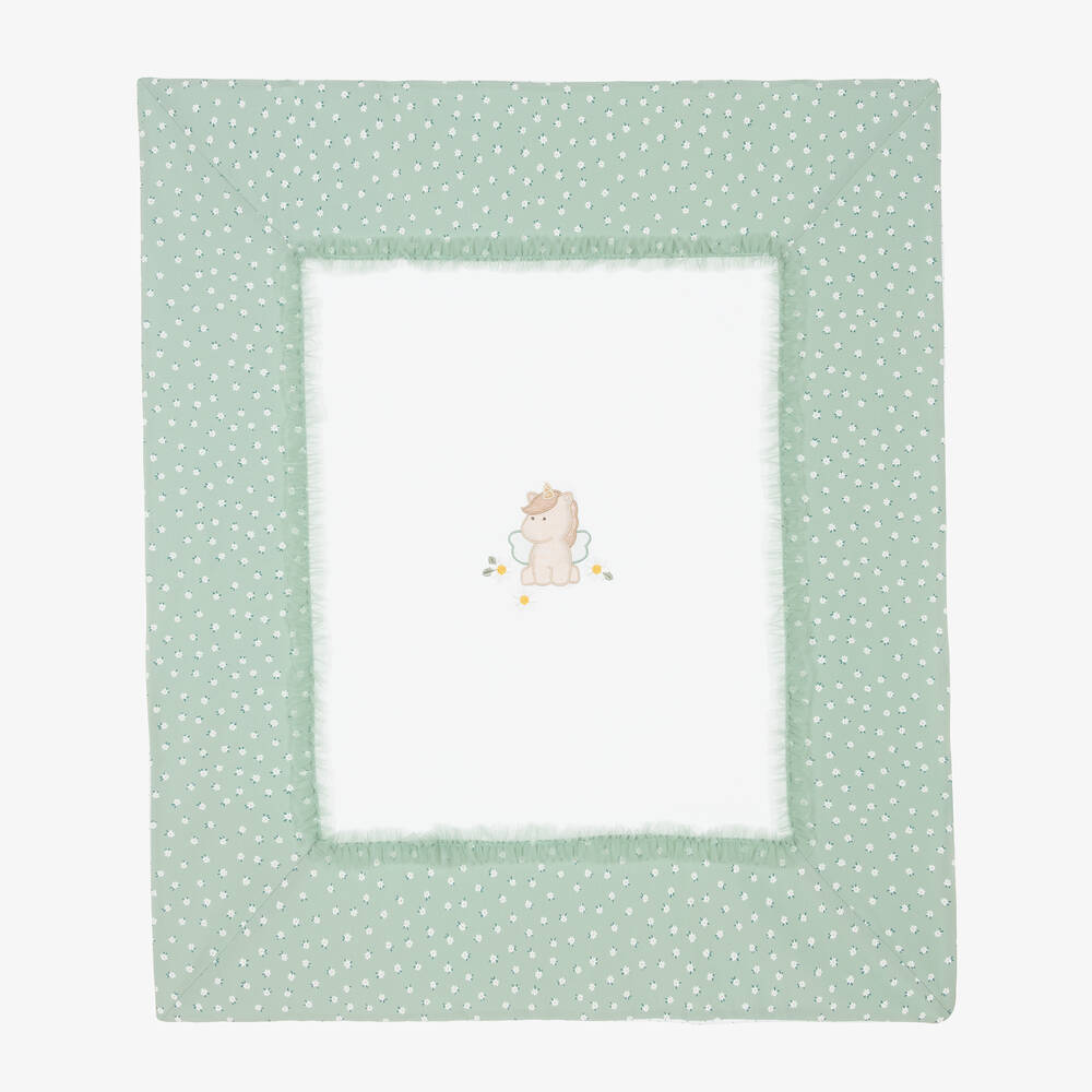 Mayoral - Girls Ivory & Green Cotton Jersey Unicorn Blanket (90cm) | Childrensalon