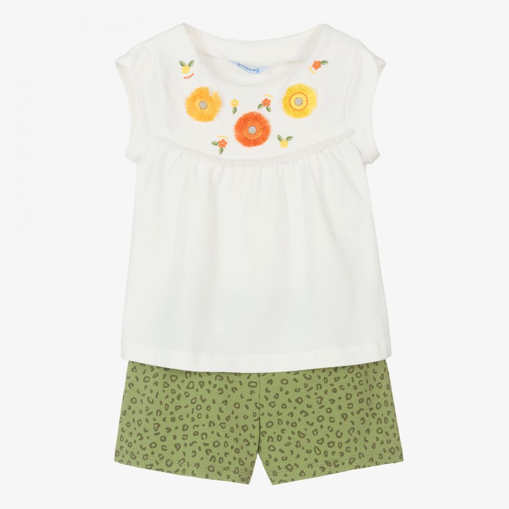 Mayoral - Girls Ivory & Green Shorts Set | Childrensalon