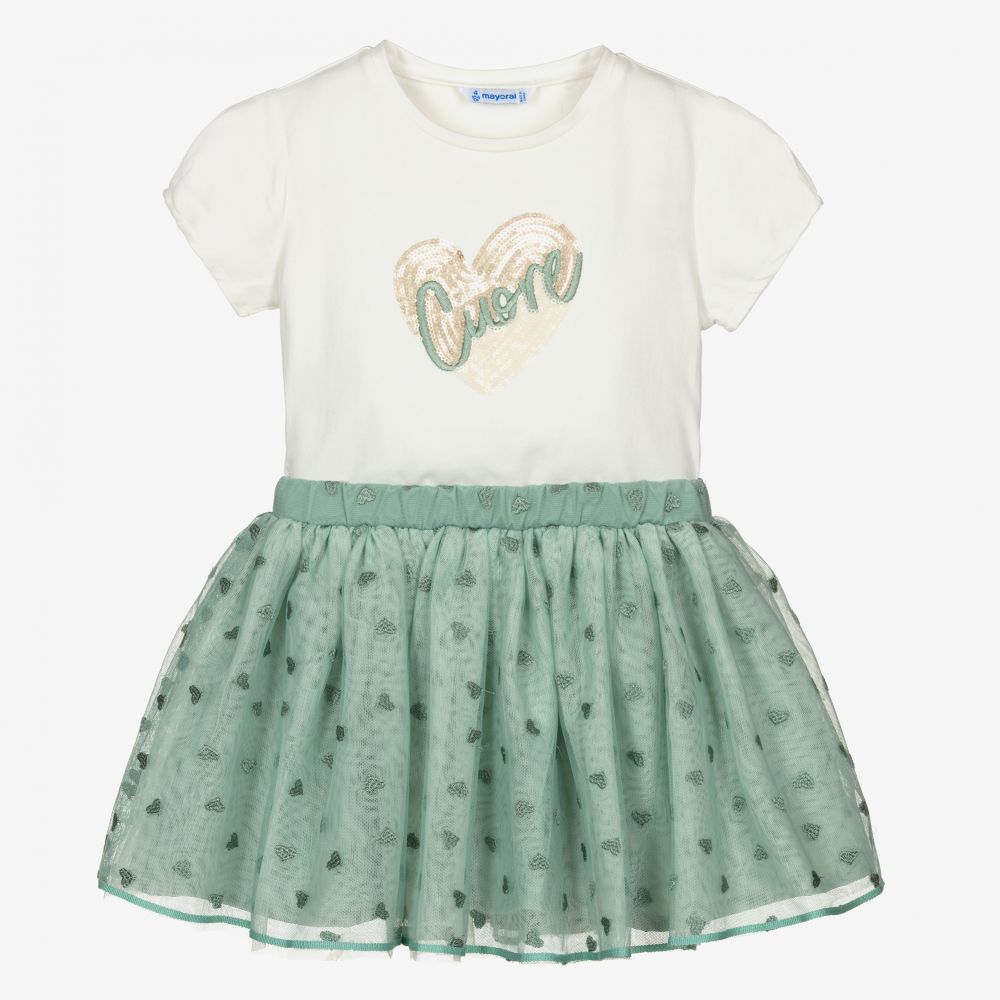 Mayoral - Кремовая футболка и зеленая юбка для девочек | Childrensalon