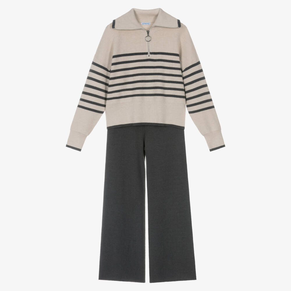 Mayoral-Girls Ivory & Grey Stripe Knitted Trouser Set | Childrensalon Outlet