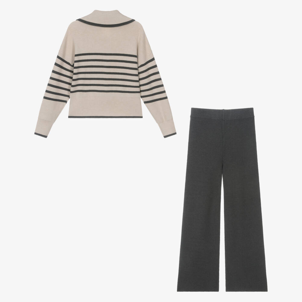 Mayoral-Girls Ivory & Grey Stripe Knitted Trouser Set | Childrensalon Outlet