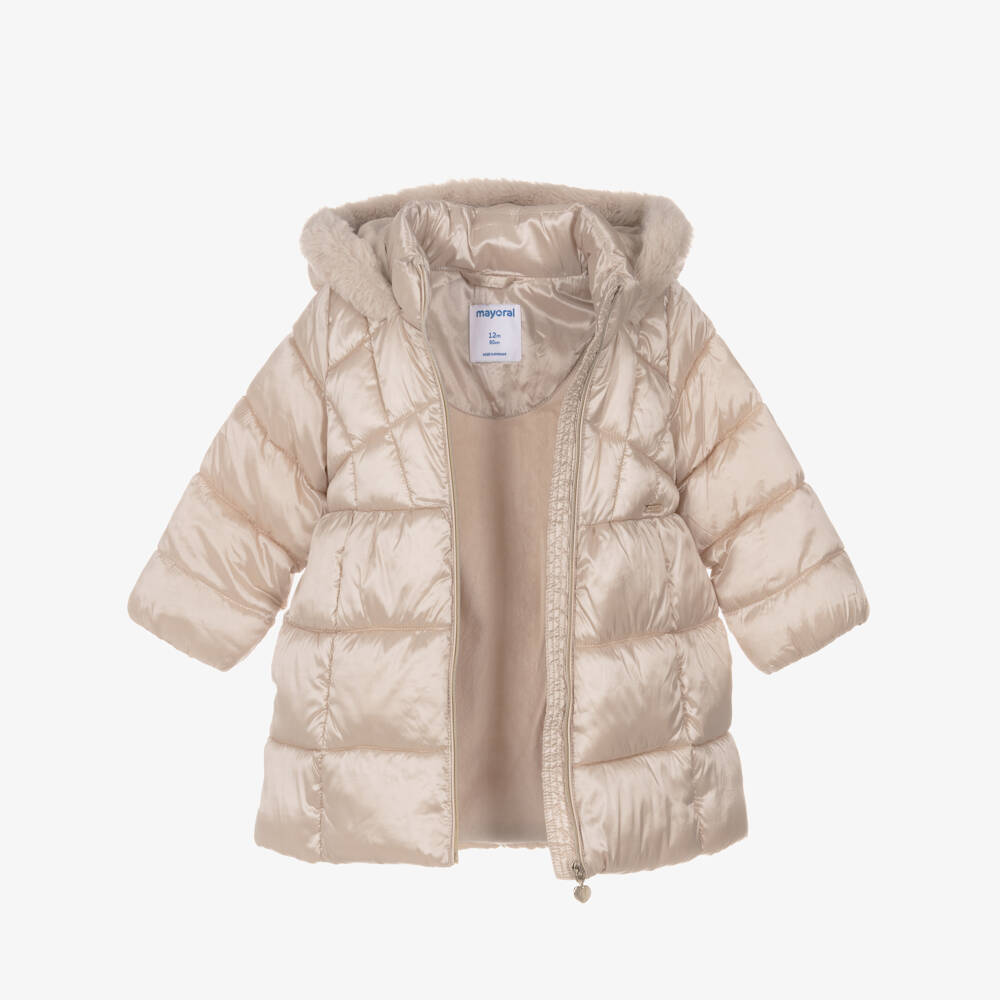 Mayoral-Girls Ivory Hooded Puffer Coat with Faux Fur Trim | Childrensalon Outlet