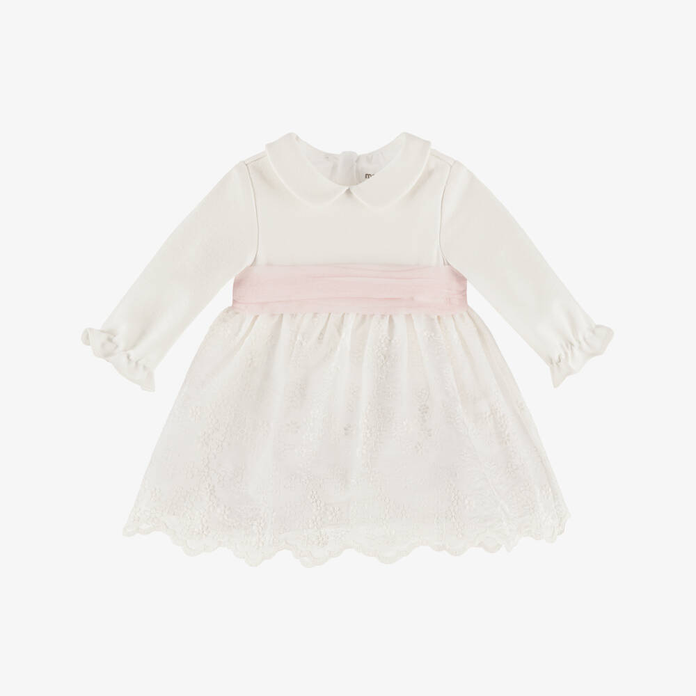 Mayoral Newborn-Girls Ivory Jersey & Embroidered Voile Dress with Pink Sash | Childrensalon Outlet