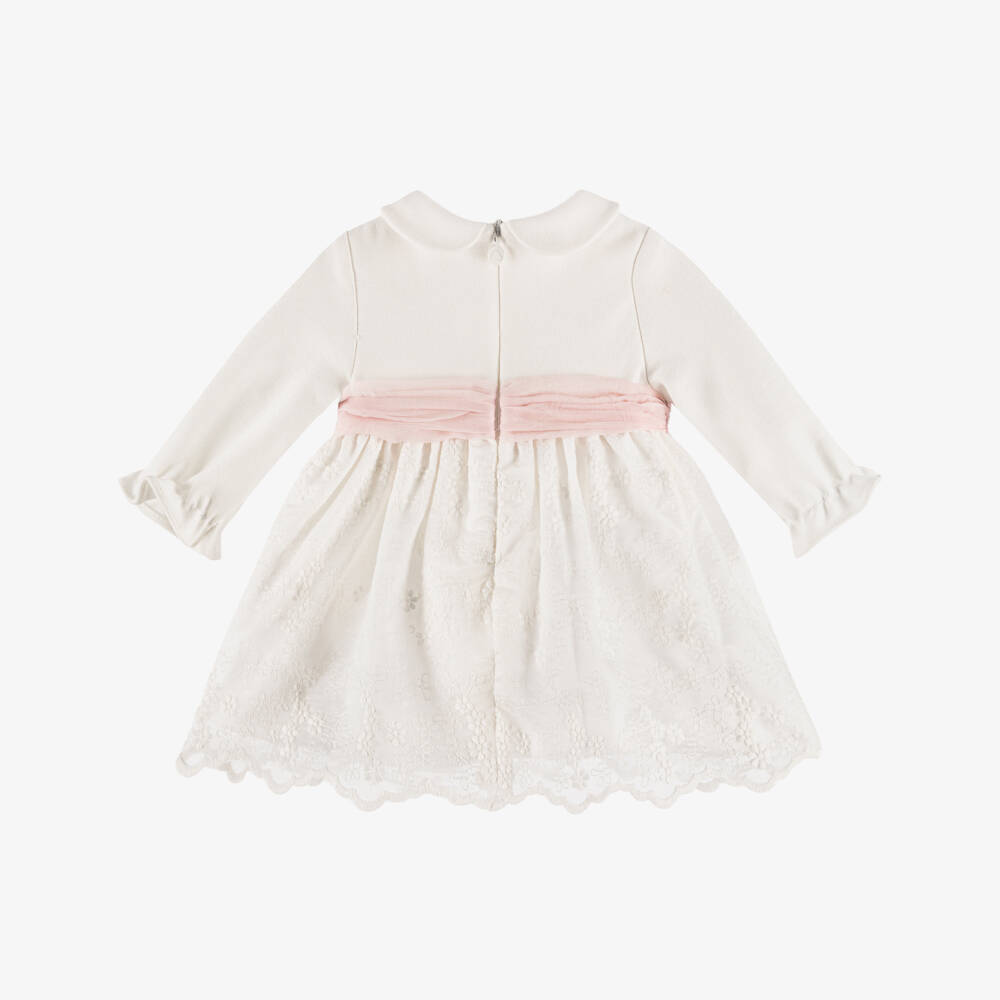 Mayoral Newborn-Girls Ivory Jersey & Embroidered Voile Dress with Pink Sash | Childrensalon Outlet