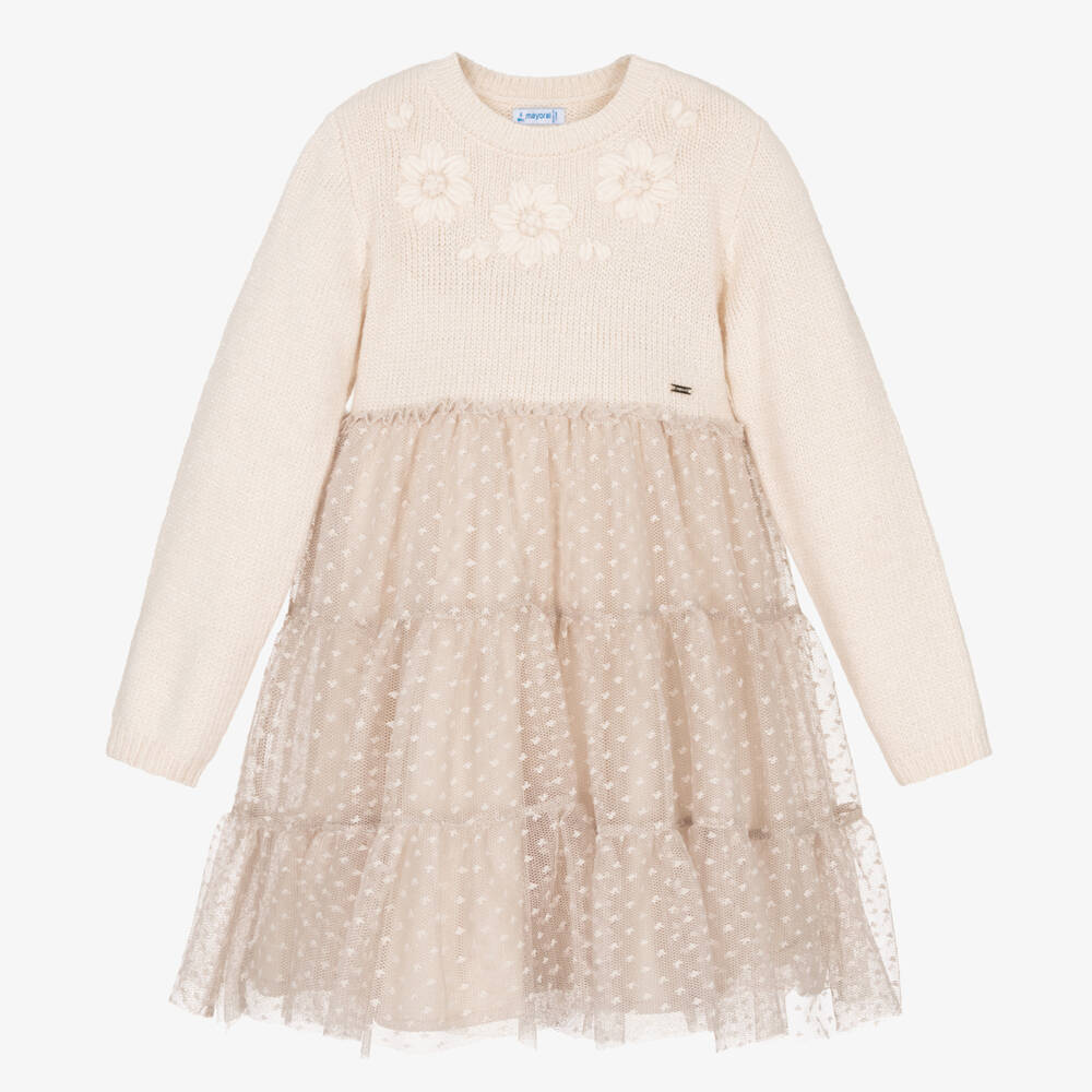 Mayoral - Girls Ivory Knit & Tulle Dress | Childrensalon