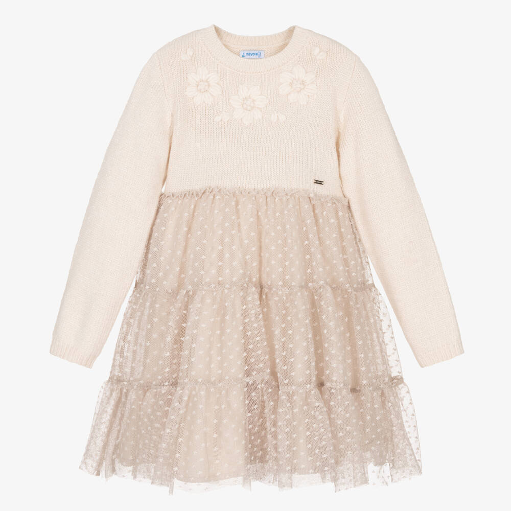 Mayoral-Girls Ivory Knit & Tulle Dress | Childrensalon Outlet