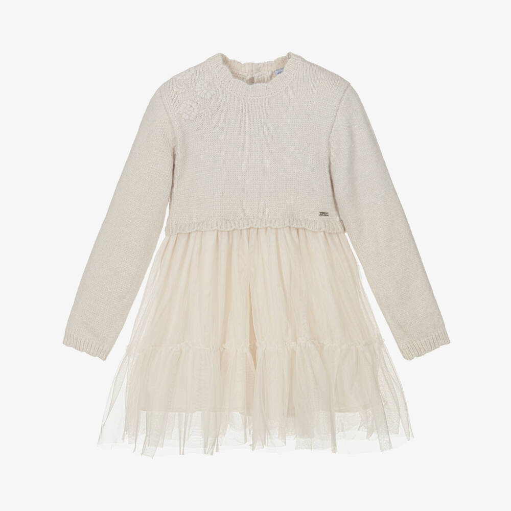 Mayoral-Girls Ivory Knit & Tulle Dress | Childrensalon Outlet