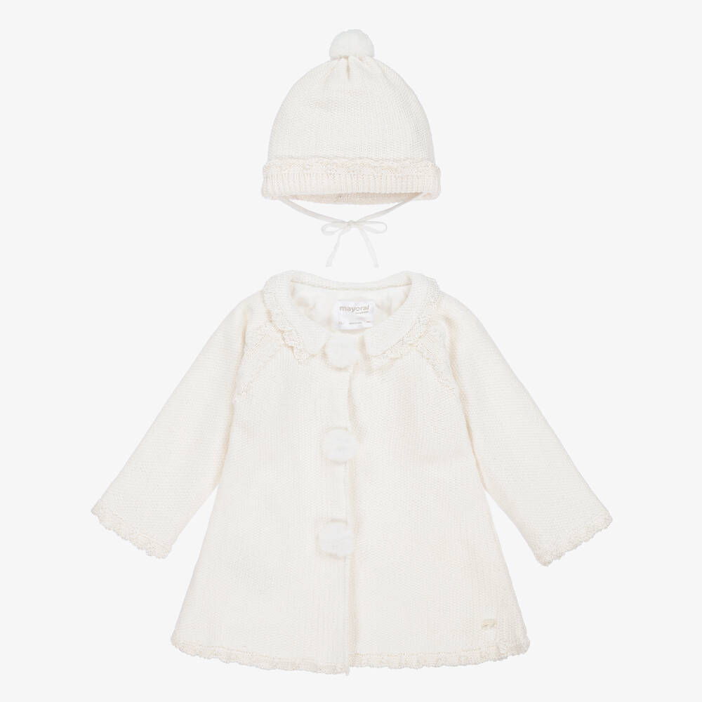 Mayoral-Girls Ivory Knitted Pram Coat & Hat Set | Childrensalon Outlet