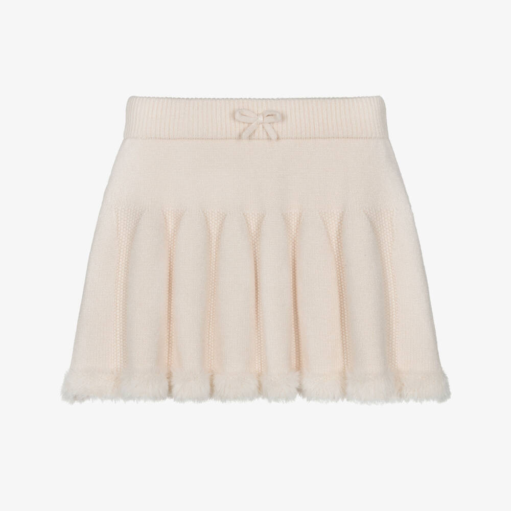 Mayoral-Girls Ivory Knitted Skirt with Faux Fur Trim | Childrensalon Outlet