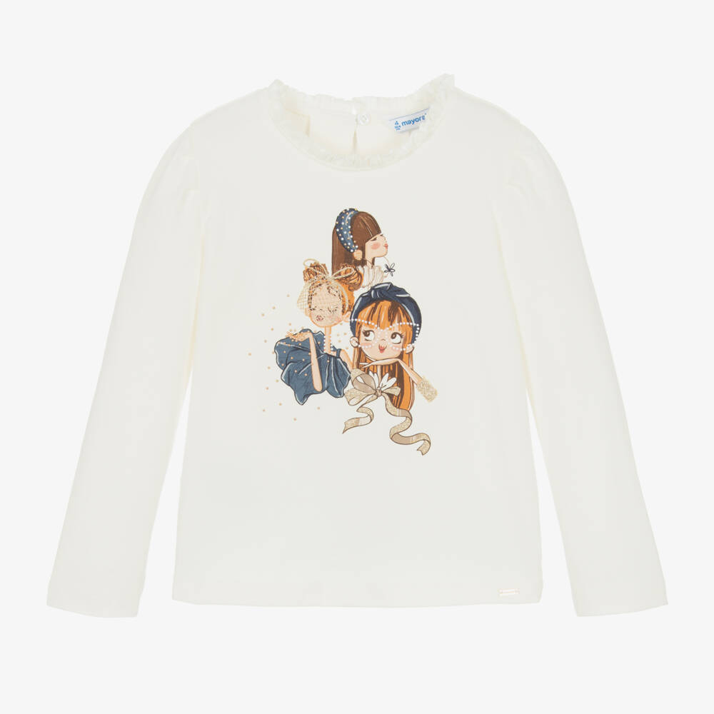 Mayoral-Girls Ivory Long Sleeve Graphic Tee | Childrensalon Outlet