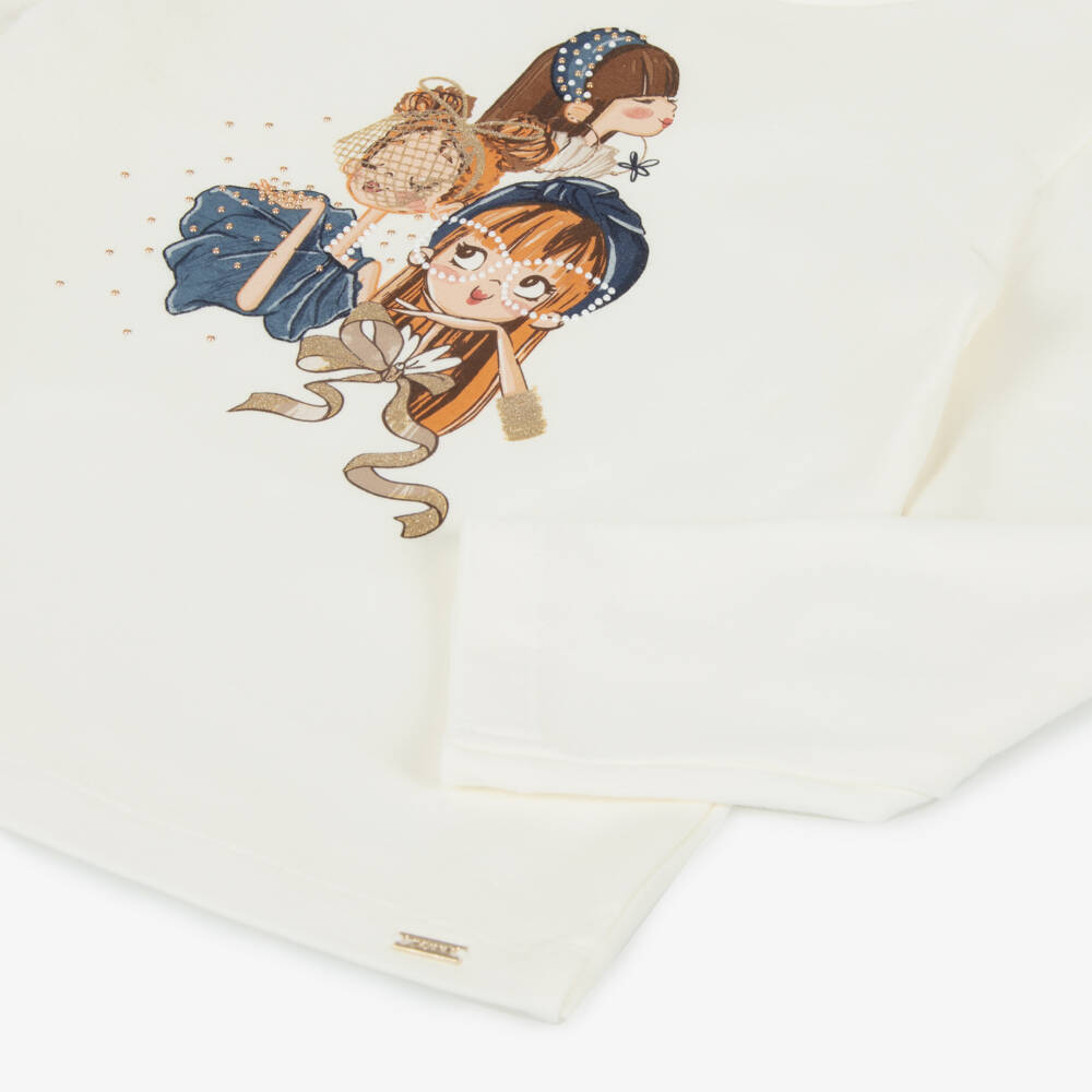 Mayoral-Girls Ivory Long Sleeve Graphic Tee | Childrensalon Outlet