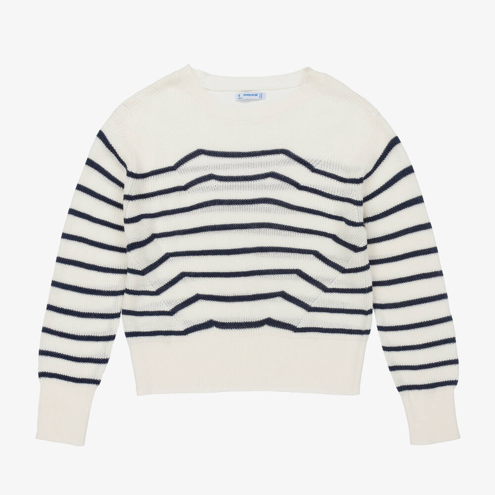 Mayoral - Girls Ivory & Navy Blue Stripe Sweater | Childrensalon
