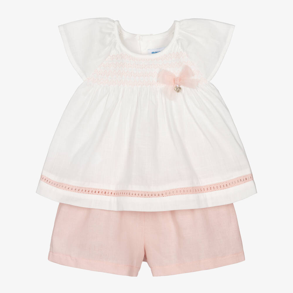 Mayoral-Girls Ivory & Pink Bow Shorts Set | Childrensalon Outlet