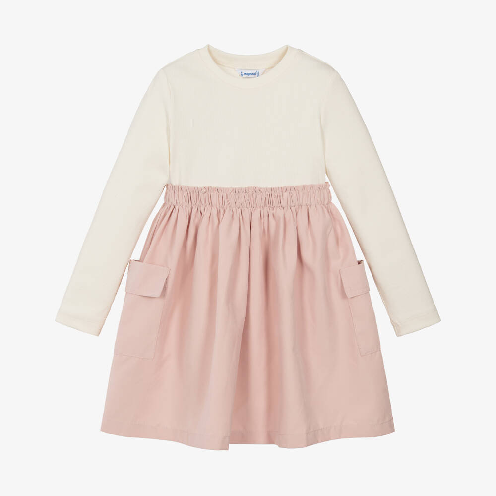 Mayoral-Girls Ivory & Pink Contrast Dress | Childrensalon Outlet