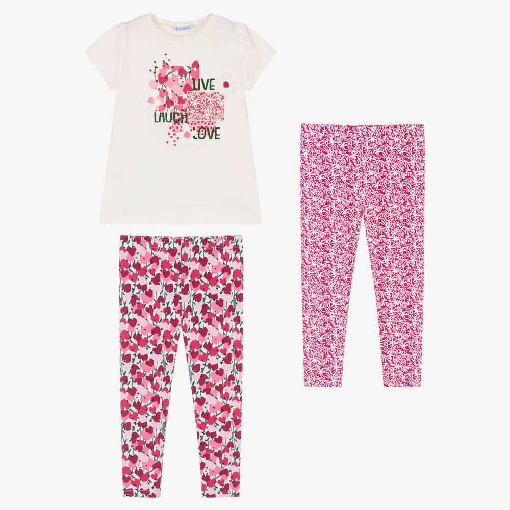 Mayoral - Girls Ivory & Pink Cotton Leggings Set | Childrensalon