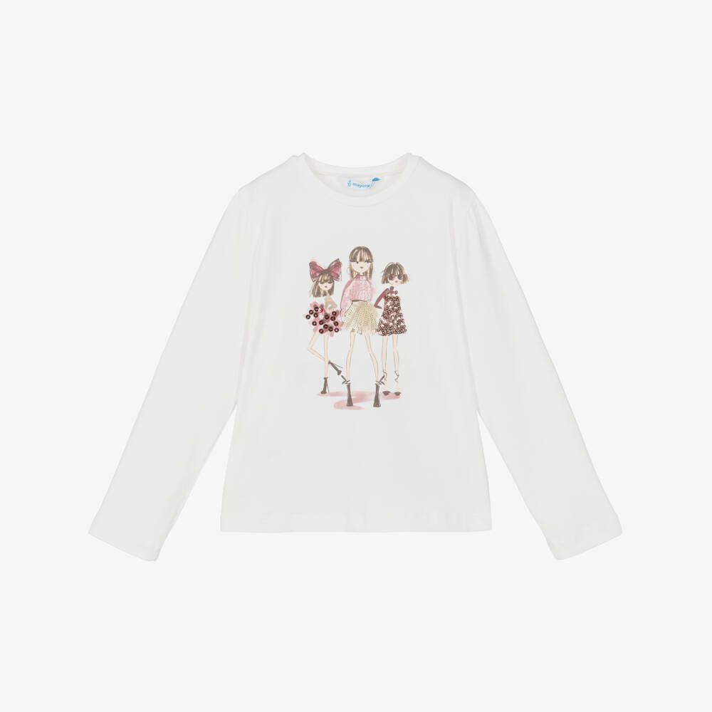 Mayoral-Girls Ivory & Pink Cotton Long-Sleeve Graphic Top | Childrensalon Outlet