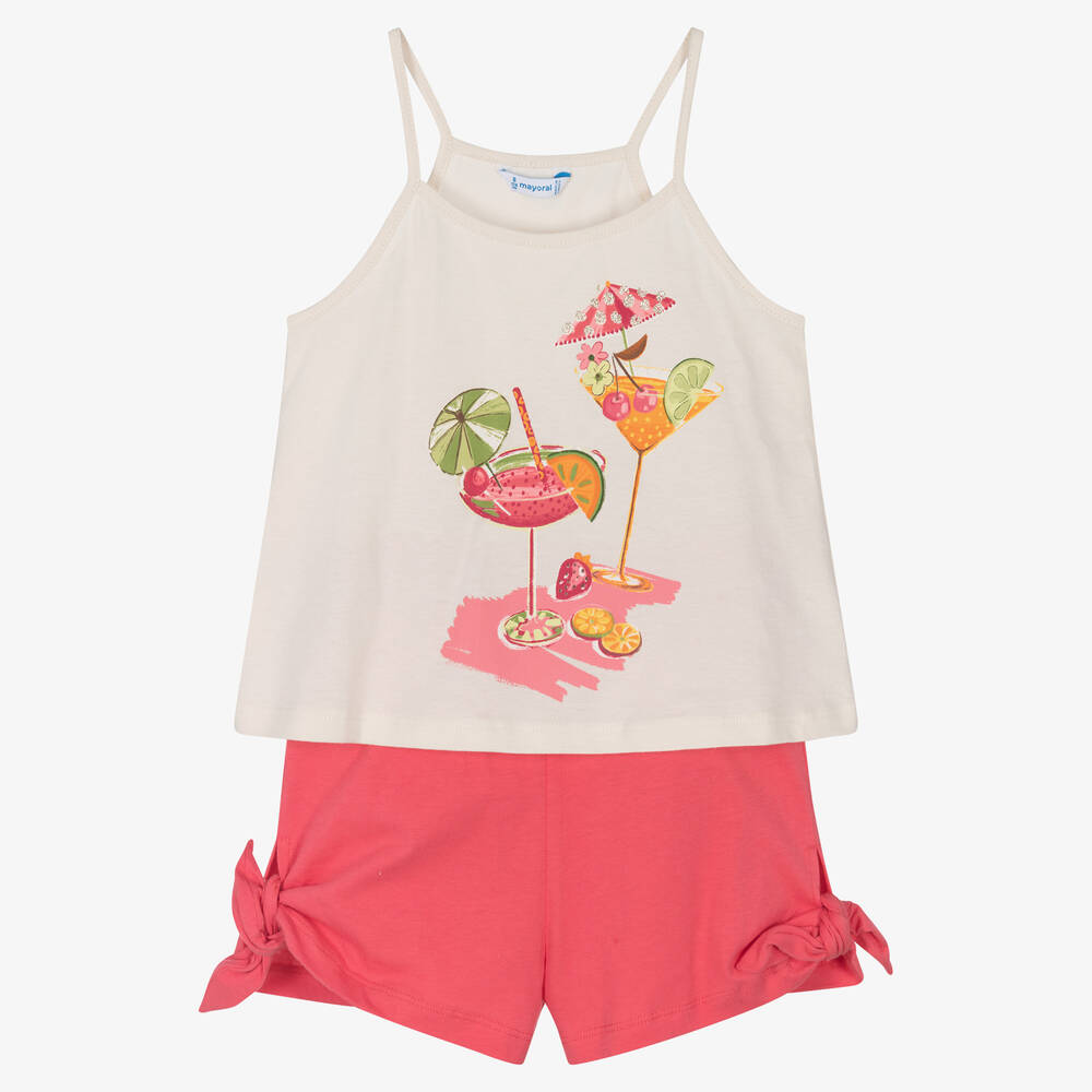 Mayoral - Girls Ivory & Pink Cotton Shorts Set | Childrensalon