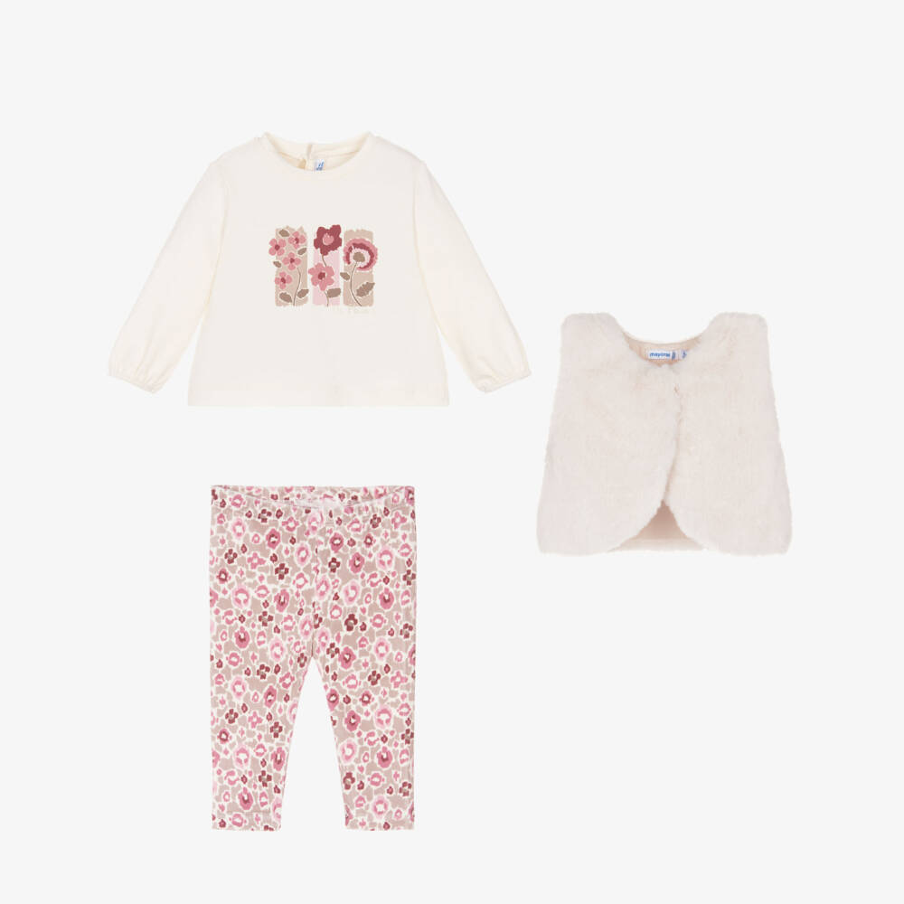 Mayoral-Girls Ivory & Pink Floral Cotton Leggings Set | Childrensalon Outlet